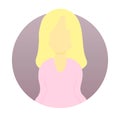 Flat colored woman icon in a rounded circle. Blonde hair female avatar in pink blouse user person profile symbol for