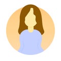 Flat colored woman icon in a rounded circle. Brown hair female avatar in blue blouse user person profile symbol for