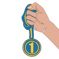 Flat continuous line Reward medal in hand concept Royalty Free Stock Photo