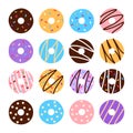 Flat colorful donuts set on white background.