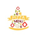 Flat colorful pizza slice shape logo with vegetables, ribbon and text. Emblem for cafe menu, food delivery company