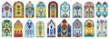 Flat colorful stained glass windows of vintage church buildings