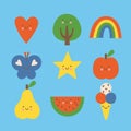 Flat colorful vector illustration set. Heart, tree, rainbow, butterfly, star, apple, pear, watermelon and ice cream