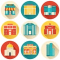 Flat colorful vector sity buildings set. Icon