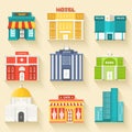 Flat colorful vector sity buildings set. Icons