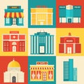 Flat colorful vector sity buildings set. Icons
