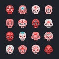 Flat colorfull skulls vector set red, pink and blue.