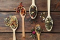 Flat composition with spoons of dried herbal tea leaves on wooden table