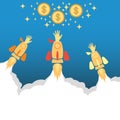 Flat concept background with rocket. Hand reaching for the coin. Startup business project. Vector.