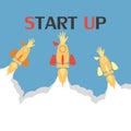 Flat concept background with rocket. Hand reaching for success. Startup business project. Vector .