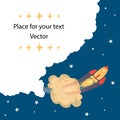 Flat concept background with rocket. Project launch-launch. The rocket flies through the sky, launching a new business. Vector. Royalty Free Stock Photo