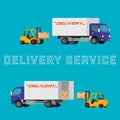 Flat concept illustration of delivery truck with forklift loading pallet