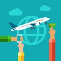 Flat concept of online paying for airplane tickets.