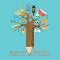 Flat conceptual pencil tree with science and classes types vector illustration. Education, back to school concept. Math, reading, Royalty Free Stock Photo