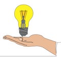 Flat continuous line art Hand holding light bulb Royalty Free Stock Photo