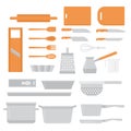 Flat Cooking equipment set. Chef design elements icons. Kitchen dishes baking tools, knifes and pans