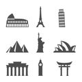 Flat cortoon realistic icons of Big Ben, Eiffel Tower, Egyptian pyramids, Coliseum Royalty Free Stock Photo