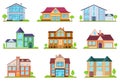 Flat cottages. Modern cottage houses suburban property. Buildings design for app interface. Architectural home exterior