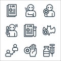 Flat covid line icons. linear set. quality vector line set such as medicine, bat, blood test, fever, sickness