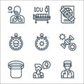 Flat covid virus pandemic line icons. linear set. quality vector line set such as doctor, snot, protective gear, mutation,