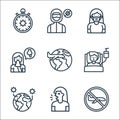 Flat covid virus pandemic line icons. linear set. quality vector line set such as flight, cough, pandemic, patient, travel, snot,