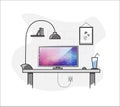 Flat creative home freelance desktop workspace.