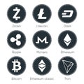 Flat cryptocurrencies icons of zcash, dash, tron, bitcoin, ether