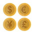 Flat currency coin set. Casino currency. Dollar, Euro, Yuan, Pound Sterling, gambling coin, vector illustration isolated Royalty Free Stock Photo