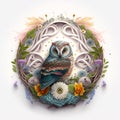 Flat Cute fairytale owl inside a flat spiral of flowers on white background