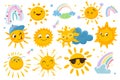Flat cute sun with happy emotions, clouds and rainbow Royalty Free Stock Photo