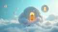 Minimal Cloud Security Castle Icon with Key on Light Blue Background Royalty Free Stock Photo