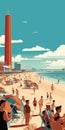 Flat 2d Illustration Of Coney Island Beach Scene