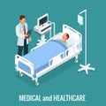 Flat 3D illustration Isometric interior of hospital room. Doctors treating the patient. Hospital clinic interior Royalty Free Stock Photo