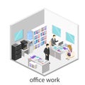 Flat 3d isometric abstract office floor interior departments concept . Office life. Office workspace.