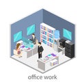 Flat 3d isometric abstract office floor interior departments concept . Office life. Office workspace. Royalty Free Stock Photo