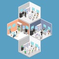 Flat 3d isometric abstract office floor interior departments concept . People working in offices.