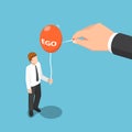 Isometric big hand use needle to destroy ego balloon of business Royalty Free Stock Photo