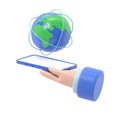 Flat 3d isometric businessman hand holding smartphone with world and global network. internet connection Royalty Free Stock Photo