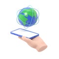 Flat 3d isometric businessman hand holding smartphone with world and global network. internet connection Royalty Free Stock Photo