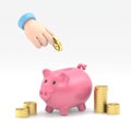 Flat 3d isometric businessman hand putting dollar coin into piggy bank. Financial and money saving concept.