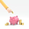 Flat 3d isometric businessman hand putting dollar coin into piggy bank. Financial and money saving concept.