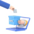 Flat 3d isometric businessman hand putting voting paper into ballot box that come out from laptop monitor. Royalty Free Stock Photo