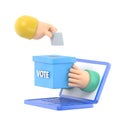 Flat 3d isometric businessman hand putting voting paper into ballot box that come out from laptop monitor. Royalty Free Stock Photo