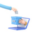 Flat 3d isometric businessman hand putting voting paper into ballot box that come out from laptop monitor.