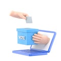 Flat 3d isometric businessman hand putting voting paper into ballot box that come out from laptop monitor. Royalty Free Stock Photo