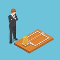 Isometric businessman looking at dollar coin on mousetrap.