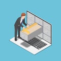 Isometric businessman manage document folders in cabinet inside the laptop screen