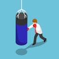 Isometric businessman punch the blue punching bag. Royalty Free Stock Photo