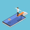 Isometric businessman on springboard ready to jump in the smartphone pool