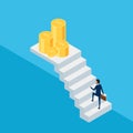 Flat 3D isometric. Businessman in suit holding briefcase walking on stair to money and success. Stair step to success